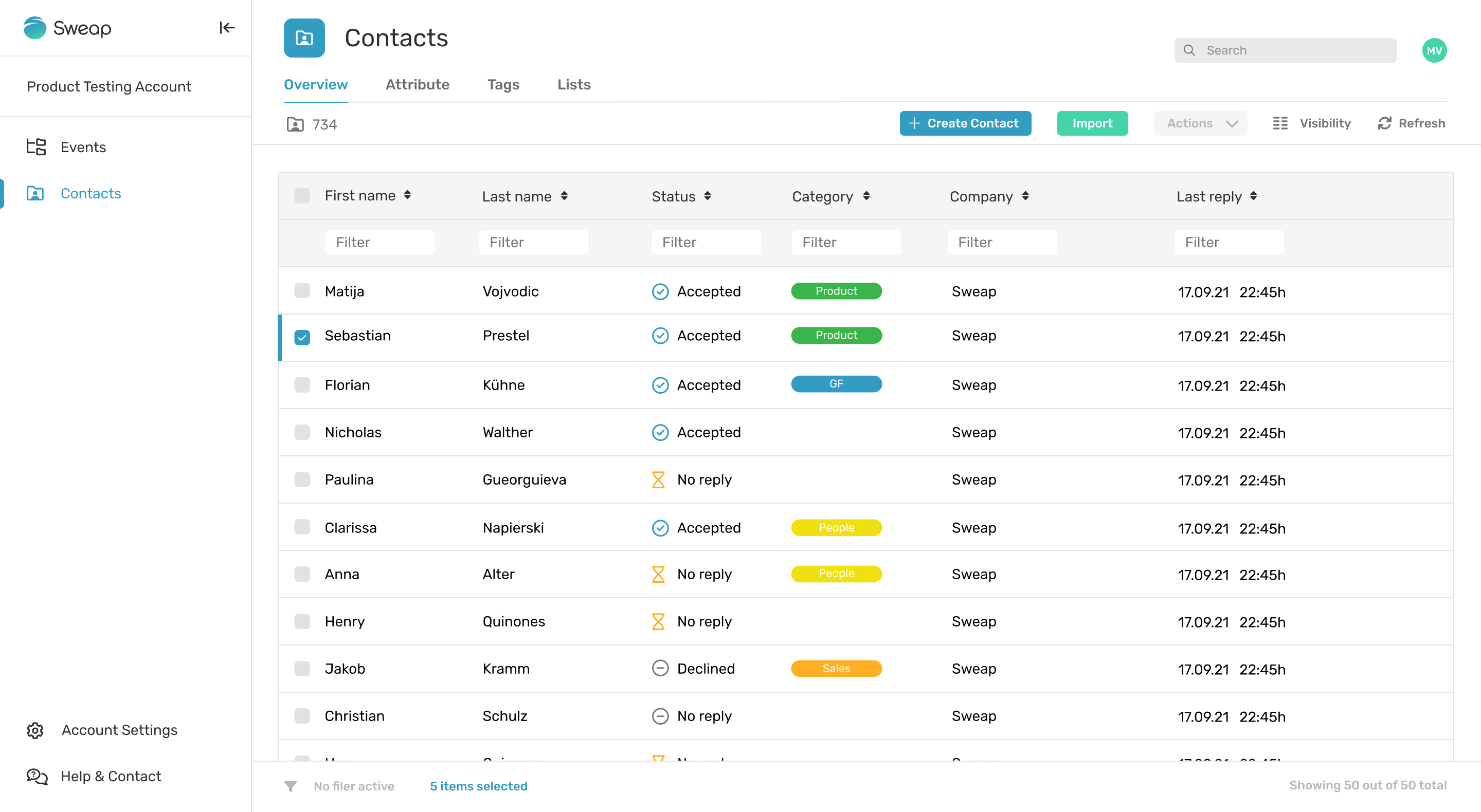 Events contacts list